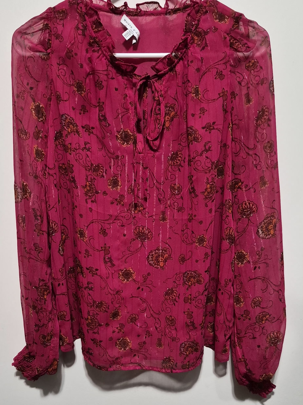 Maison D'Amelie Fuchsia Floral Tie-Neck Blouse
